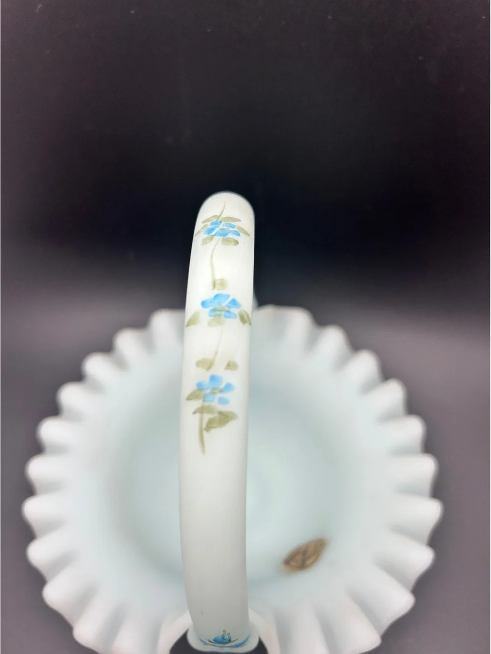 Fenton Light Blue Satin Ruffled Hand Painted Basket